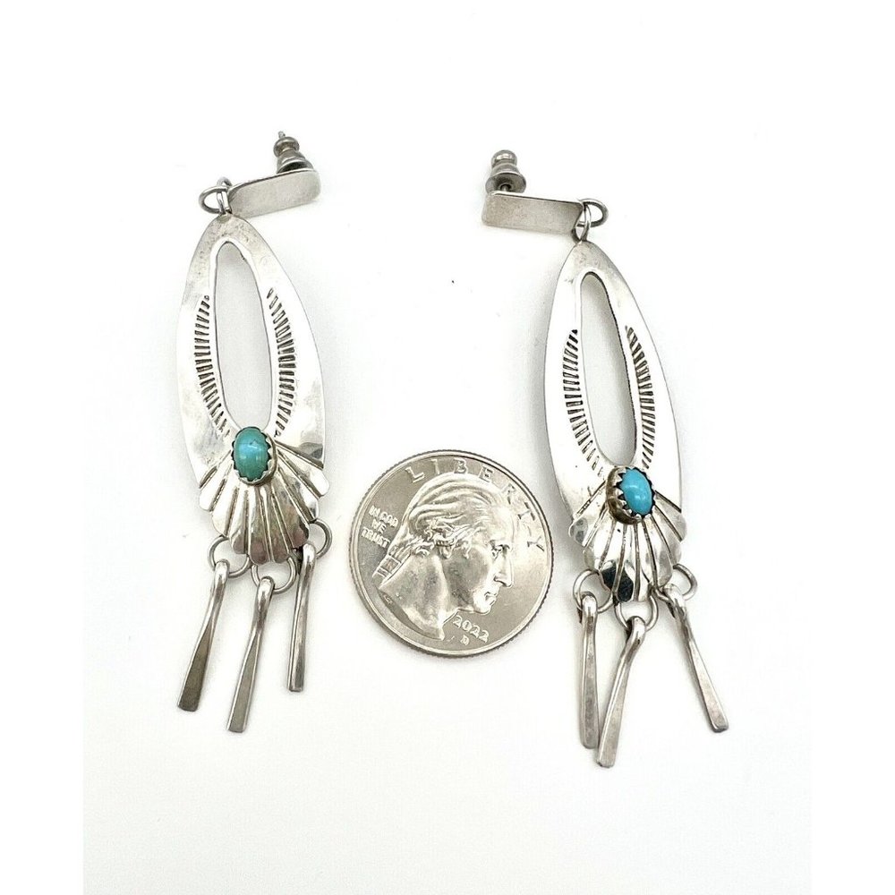 Navajo Sterling Turquoise Dangle Earrings by Pat Platero Handmade Silver 925 - Picture 6 of 7